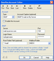 E-mail Account Editor, multiple accounts can be defined, types include POP, IMAP, and Exchange (MAPI)